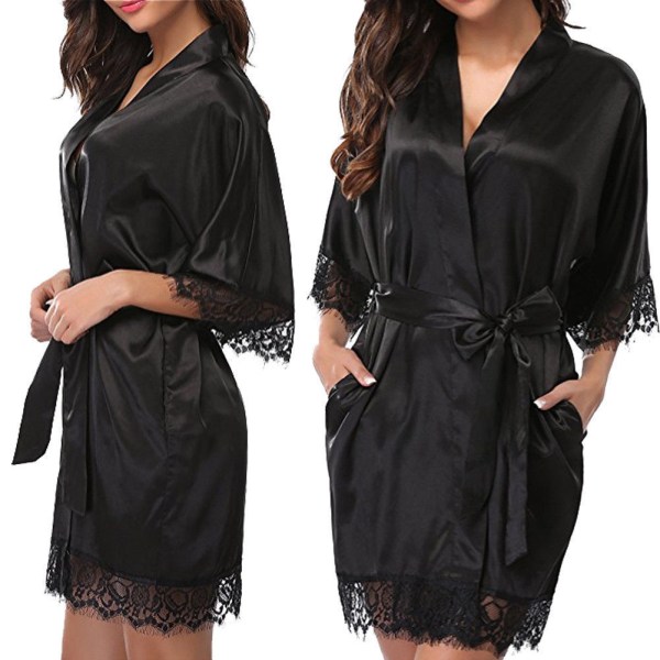 Damunderkläder Robe, Satin Sovkläder Spets Kimono Sexiga sidenrockar Sort Black XL