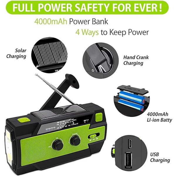4000mAh Nödradio Bärbar Powerbank med Solladdning, Handvev, SOS-Alarm