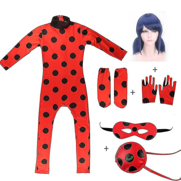 Barn Flicka Ladybug Cosplay Kostym Set Halloween Fest Jumpsuit Fancy Dress Kostym med Blindfold, Peruk, Väska-yky-ykc 150(140-150CM)