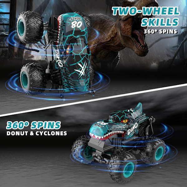 Monster Truck Leksaker, 2.4GHz RC Monster Trucks för Pojkar, 1:20 Dinosaurie RC Bilar med Ljus och Musik, Fjärrstyrd Stuntbil, 360° Snurr, för Barn Blue