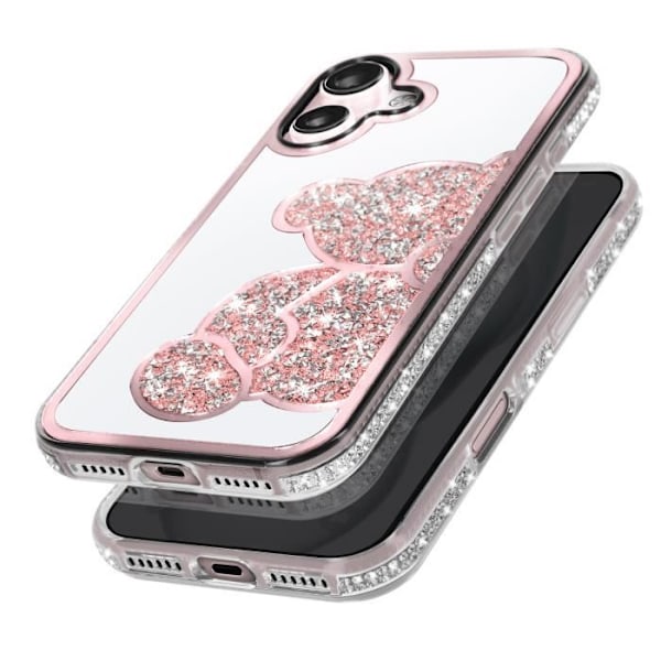 Teddybjörnsfodral för iPhone 16 Plus med Rhinestone-mönster, Glittrande Pulverrosa Kontur Pink