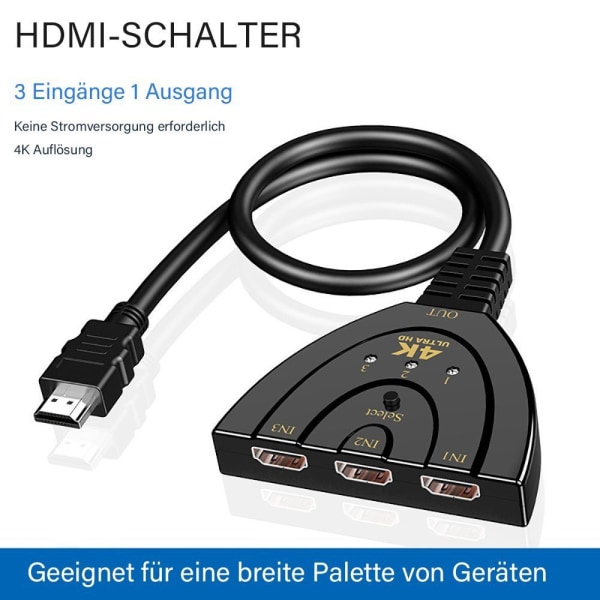 HDMI Converter 3 to 1 HDMI Splitter 4K kaapelilla HDTV:lle/Blu-ray/DVD:lle