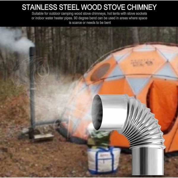 Rustfritt stål skorsteinsrør - 90 grader 6cm Rustfritt stål pipe for utendørs vedovn, utendørs skorsteinsrør for campingtelt,ladacèe