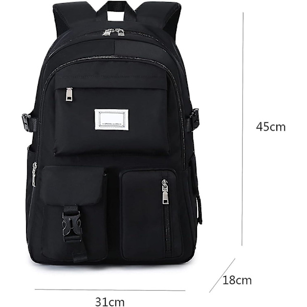 Skolväskor för flickor Stor kapacitet Ryggsäck Gymnasium Multi-Pocket Ryggsäck Vattentät Skolryggsäck Black