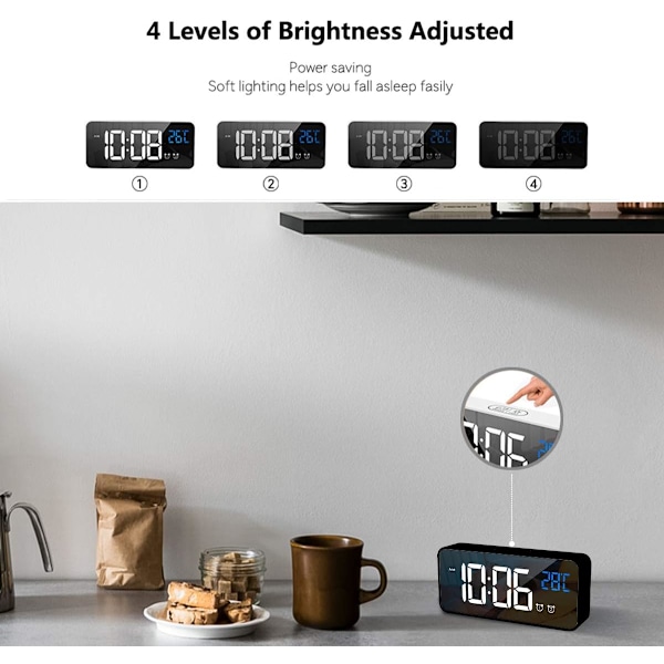 Digital vækkeur med stor LED-temperaturvisning, bærbar spejlalarm med dobbelt alarm-snooze-port til natbord, soveværelse