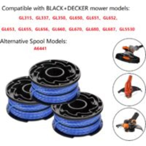 BLACK+DECKER Sæt med 3 reserve snore til græstrimmer, automatisk afvikling, 3 x 12 m nylonsnor, ⌀1,65 mm snor, A6441X3-XJ Blå