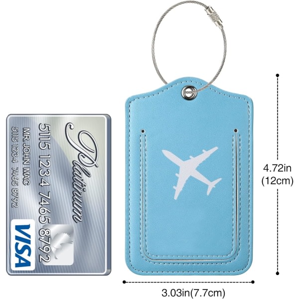 2 kpl matkatavaralappuja, joissa on nimikortti ja ruostumattomasta teräksestä valmistettu silmukka, nahkaiset matkatavaramerkit Kestävät matkalaukkumerkit -2 sinistä suunnitelmaa