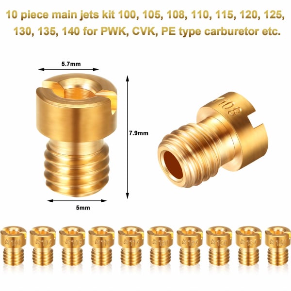 20 stycken förgasarhuvudjetsats, inkludera 10 stycken förgasarhuvudstråle och 10 stycken Slow Jet för PWK Keihin OKO CVK PWM-typ