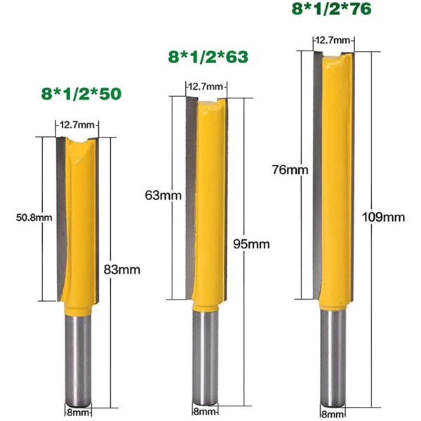 3 st 8 mm skaft Extra långa försänkande fräsar, träbearbetningsfräsar Extra långa skärare med rak ände 8mm*1/2"*50.8mm, 8mm*1/2"*63mm, 8mm*1/2"*76mm