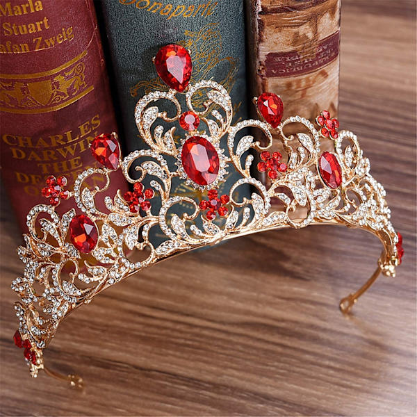 Rubin bryllupstiaraer for brud, prinsessekrone voksen rhinestone pannebånd, brudehårtilbehør for kvinner, gullhodeplagg