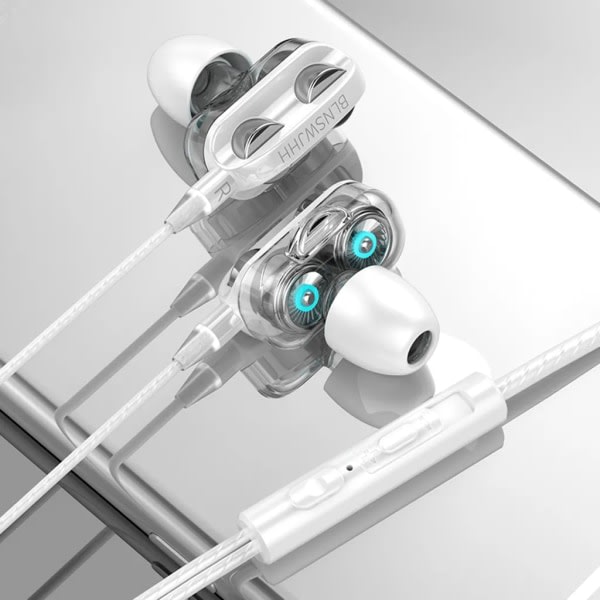 A4 hodetelefoner med ledning med dobbel driver 3,5 mm port bass stereo in-ear sports vanntett hodetelefon (versjon med fire høyttalere, hvit)