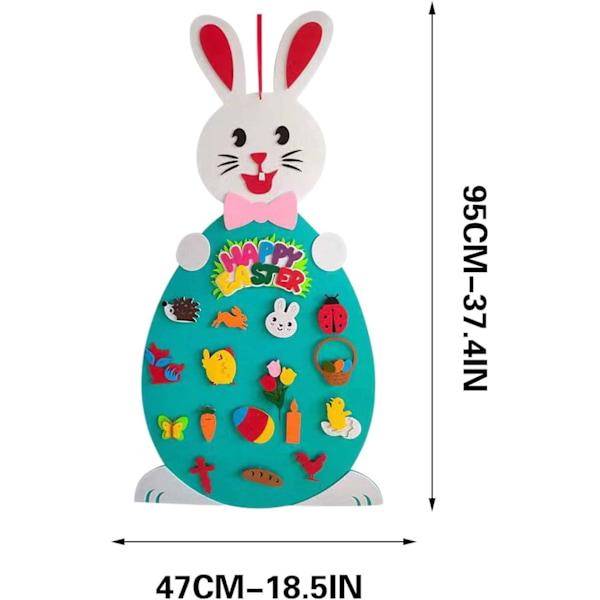 Pääsiäisen DIY Huopapupu-setti taaperoille, 94 cm roikkuva pupu huopatyösetti, jossa tipu, siili, perhonen, kukkia, risti, 17 irrotettavaa osaa