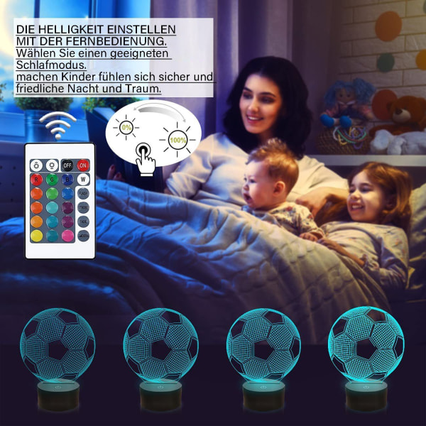 Natlampe til børn, fodbold, 3D optisk illusionslampe med fjernbetjening
