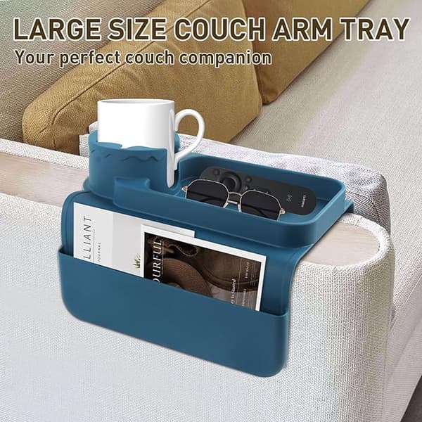 Silikon Sofakoppholder - Sklisikker Sofa Armlenebrett med Koppholder og 4 Lommer, Sammenleggbart Sofa Armlenebrett (Grå) Gray