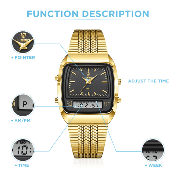 Ny mote Casual klokke for menn Digital Dual Time Week Gold Sport 3bar vanntett kvarts armbåndsur klokke relogio masculino L1030 gold with box