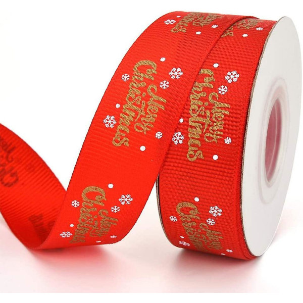 Merry Christmas Ribbon - Red Craft Ribbon med "merry christmas" og snøfnuggdesign, 9,1 m langt og 2 cm bredt