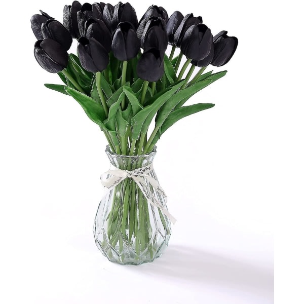 "20 stk tulipaner kunstige blomster ægte touch til fest hjemmebryllupsdekoration (sort)