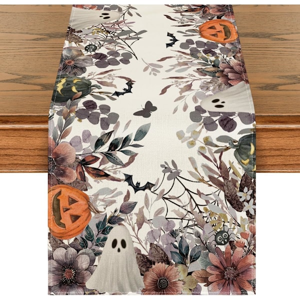 Black Tan Spooky Haunted House Tree Witch Halloween Table Runner, Fall Kitchen Dining Table Decoration for Home Party Decor 13x72 Inch