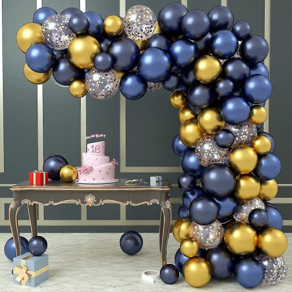 Ballongbågssats, 100 st blå ballonggirlandskit Födelsedagsfestdekoration, marinblå krom guld- och konfettiballonger, födelsedagsballonger för bröllop