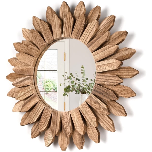 Väggspegel Dekorativ 12 tums rustik träspegel Sunburst Boho-spegel för entré Sovrum Vardagsrum Karboniserad Svart