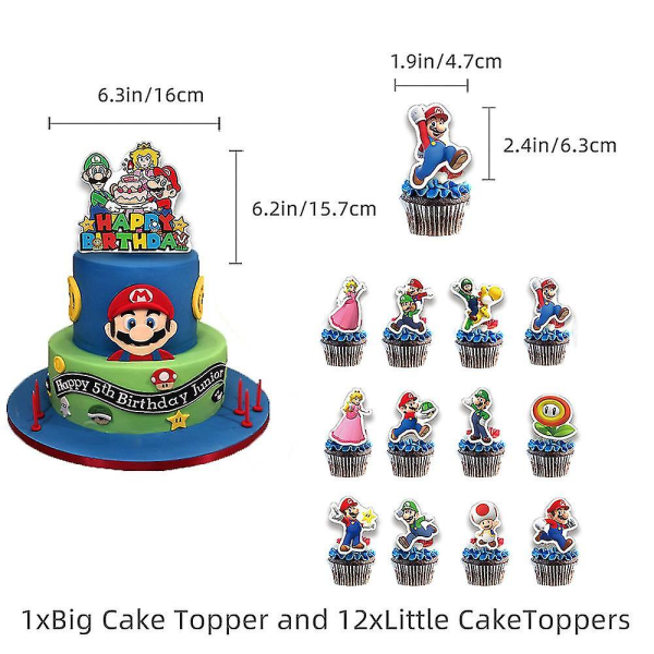 Mario fødselsdagsfestartikler Dekorationer inkluderer fødselsdagsbannere, kagepynt, 12 cupcake-pynt, 16 balloner