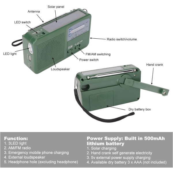 Aurinkoenergialla toimiva käsikäyttöinen radio, monitoiminen hätätilanteen sääradio rannehihnan kanssa, käsikäyttöinen