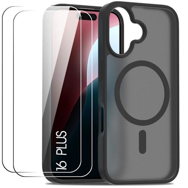 Case + 2 tempered glasses for iPhone 16 Plus, protection with magnetic circle, anti-trace silicone and PC Black