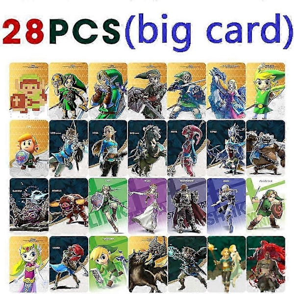Treingi 2024 UUDET 28 Zelda Amiibo -korttia, käytetty The Legend of Zelda: Tears of the Kingdom -peliin ja The Legend of Zelda Iso Kortti Big Card 28pcs