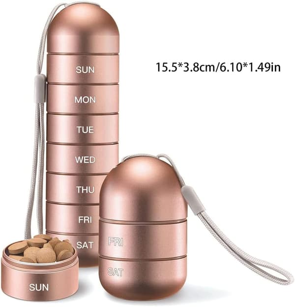Waterproof Medicine Pill Boxes with 7 Compartments, Pill Box, Keychain Capsule, Small Pill Box (Rose Gold) rose gold