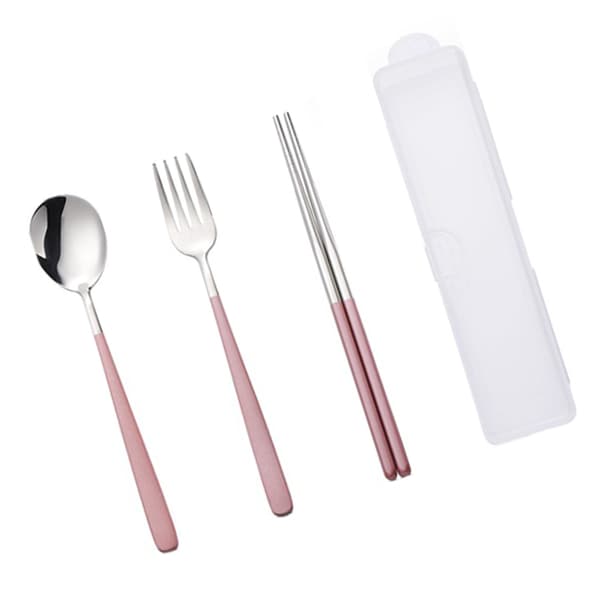Rustfrit stål spisepinde ske gaffel sæt bærbart bestiksæt (tre-delt sæt - pink sølv)
