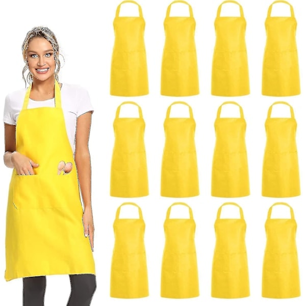 12-pack enfärgade förkläden med 2 fickor - Svarta Unisex Kommersiella Förkläden Bulk B Yellow