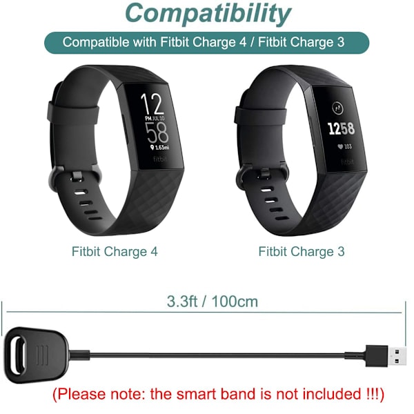 Latausjohto Fitbit Charge 4 & Fitbit Charge 3:lle, Vaihtoehtoinen latauskaapeli Fitbit Charge 3 / Charge 4 -aktiivisuusmittarille