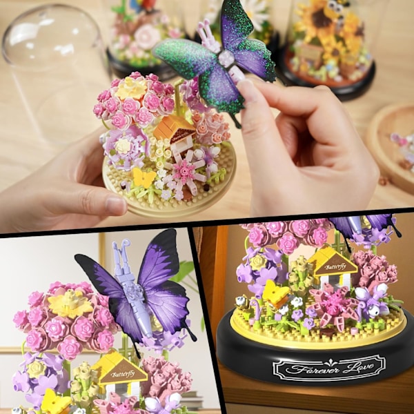 Blomsterbukett Byggset för Vuxna, Djur Blommor 582 St Botanisk Samling Mini Byggklossar Set, Alla Hjärtans Dag för Hennes Mamma (Fjäril)