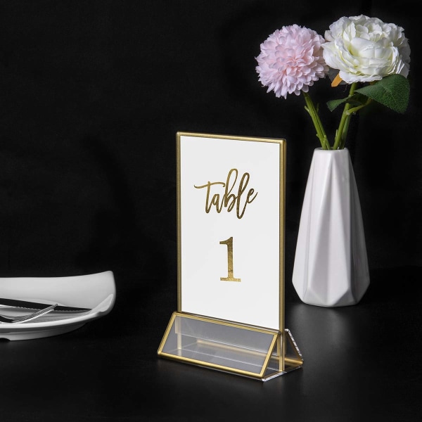 Akryl-gullrammer Skiltholdere 4x6, dobbeltsidig bordmeny-skjermstativ, tallholder for bryllupsbord (6 pakke)
