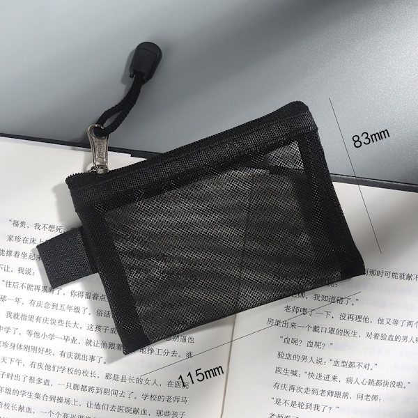 6PAK Nylon Mesh Korttikotelot Pienet Vetoketjulliset Pussit MUSTA BLACK