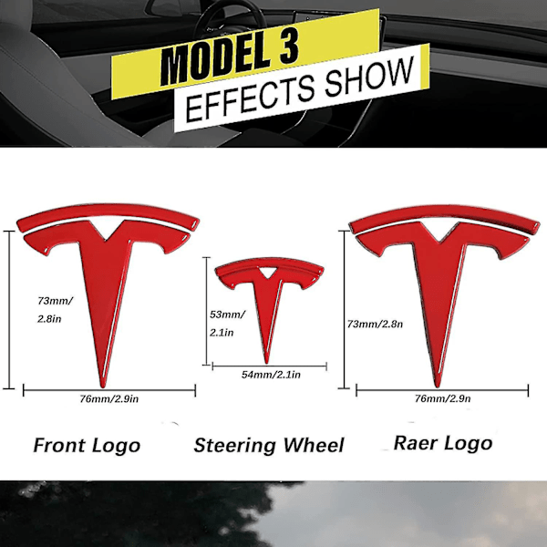 3-pakning Tesla Model 3 Ratt Emblem Dekaler (Rød)