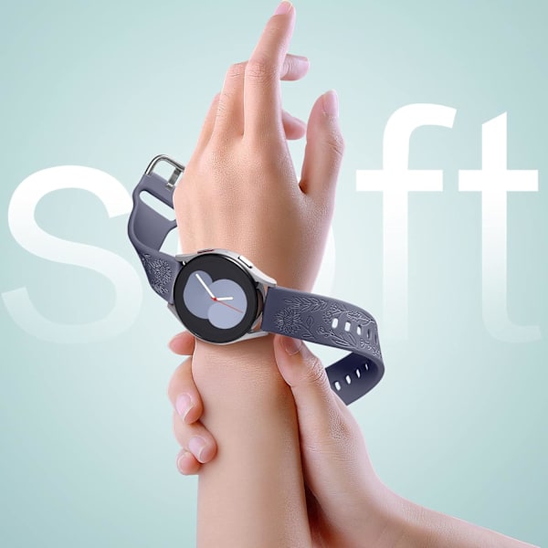 Auringonkukkakaiverrettu ranneke, yhteensopiva Samsung Galaxy Watch 7 6 5 4 40mm 44mm naisten kanssa, 20mm pehmeä silikoniranneke Galaxy Watch_xx -kelloon Blue Grey