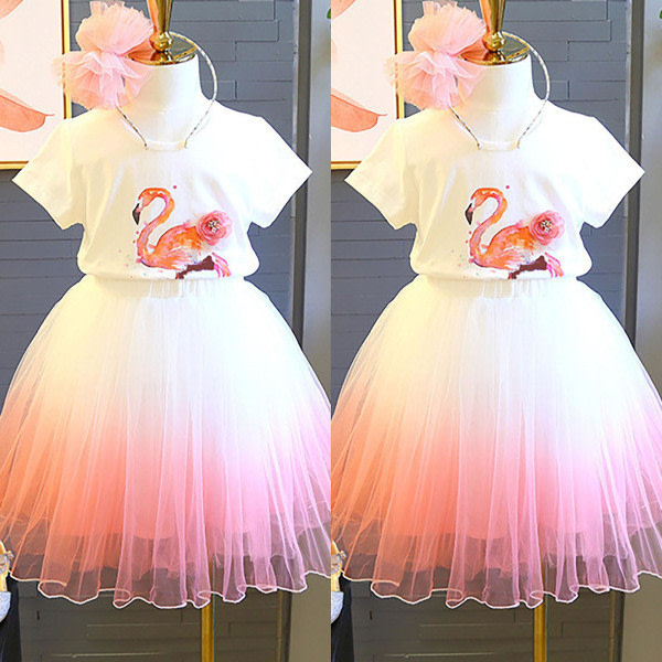 Barn Flickor Flamingo T-shirt Gradient Tutu Tyll Kjol Klänning Set Outfit 6-7 år