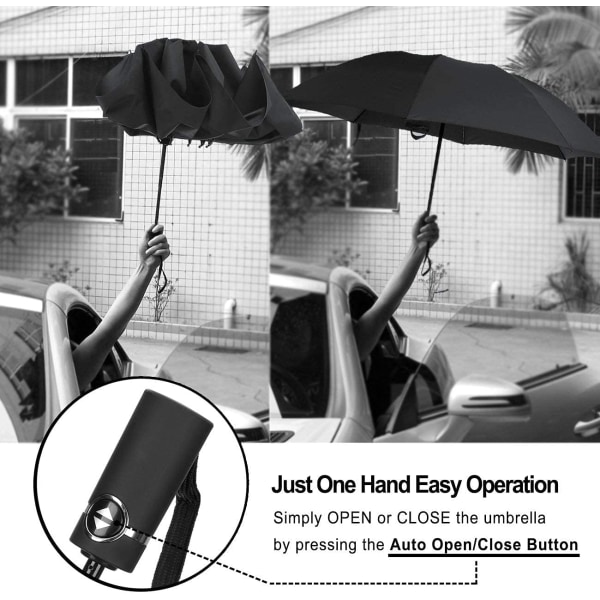 Paraply Vindtæt rejseparaply Compact Folding Reverse Paraply 46 tommer sort