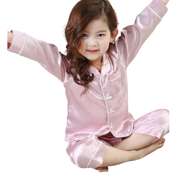 Pyjamas långärmad set för barn, silkepyjamas med knäppning, set rosa pink 150cm
