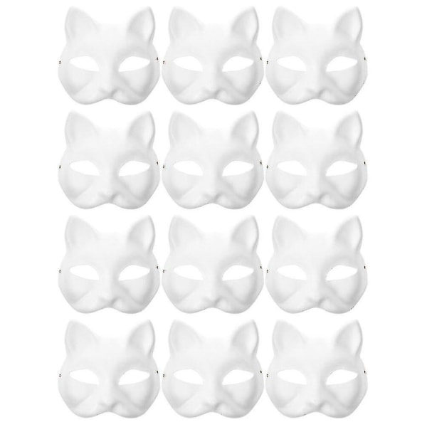 12 st Blank Mask Cat Masks Kostym Cosplay Mask Kindergarten Diy Unpainted Cat Mask (FMY) Vit White 18.5X16.5X6CM