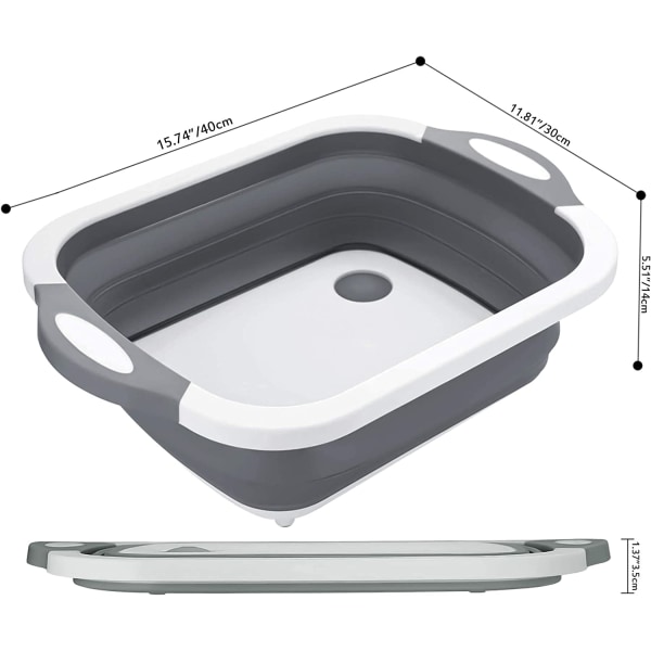 3-i-1 hopfällbar skärbräda, multifunktionell avloppskorg med avtappningsplugg, bärbar förvaringskorg för kök och camping (grå)