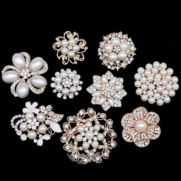 9 stk. rosegull rhinestone brosjer, stor perlekrystall bryllup