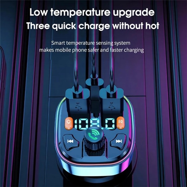 Bil Bluetooth FM-transmitter, Blå Ambient Lys Trådløs Radio Bilmodtager Adapter med håndfri funktion, Dobbelt USB-oplader