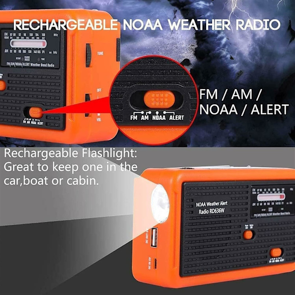 Værradio med solcelle og håndsveiv - Nødradio AM/FM/NOAA Væralarm Bærbar radio