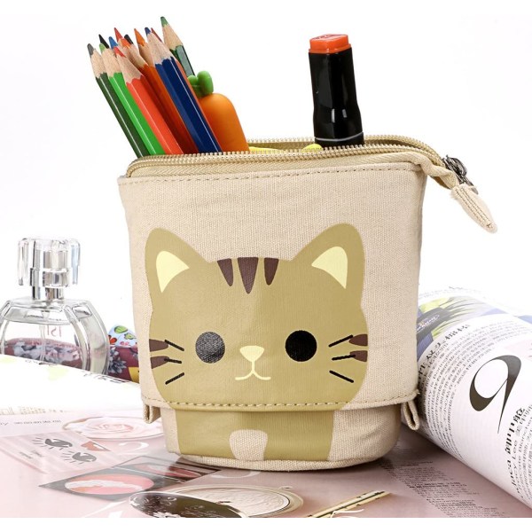Case säädettävällä pohjalla - söpö sarjakuva Cat Canvas case paperitavaroiden säilytyspussille, kahvi+keltainen