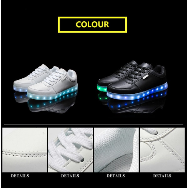 USB Opladning Light Up Sko Sports LED Sko Dance Sneakers Hvid White 36