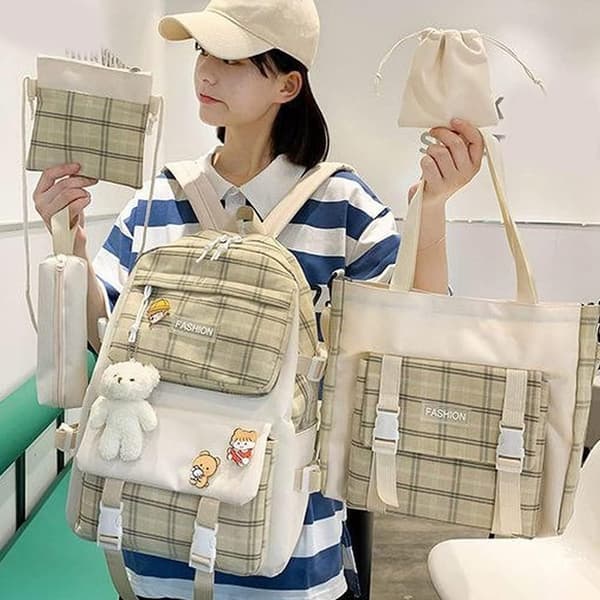 Canvas skoletasker, kombinationssæt, kawaii skoletaske til piger, studerende beige