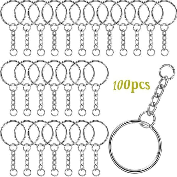 Keychains with Chain 100 pcs, 25 mm Metal Keychain with Chain and Split Ring Silver