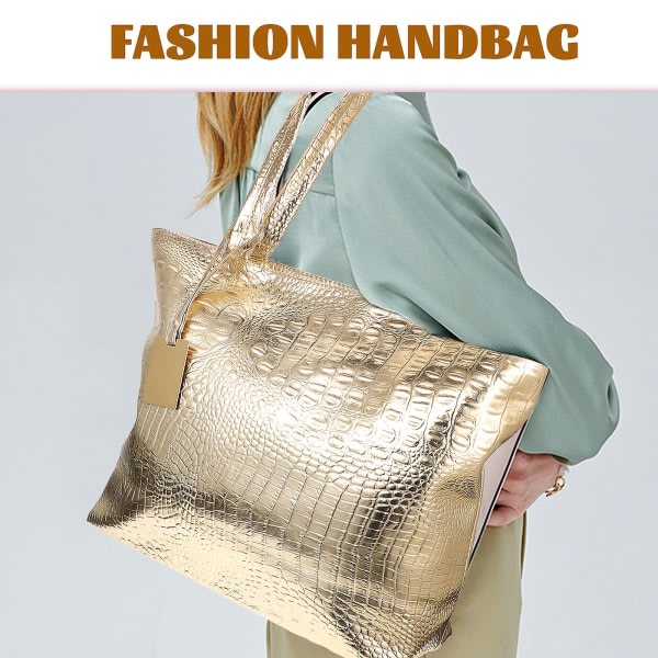 1pc Large Capacity Women Handbag Shoulder Shopping Bag Fashion Tote Bag For School Work Golden